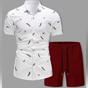 Men Feather Print Shirt & Drawstring Waist Shorts.